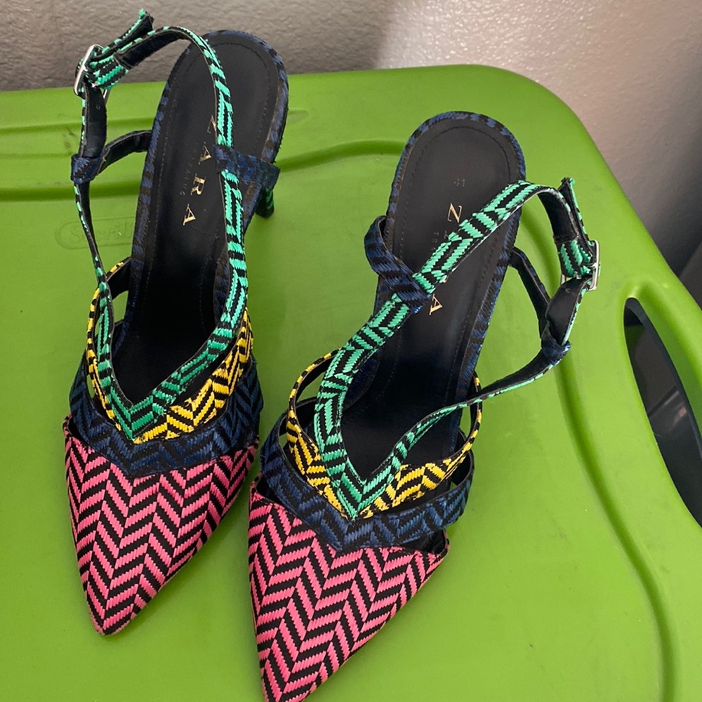 Zara Multicolor Patterned Pointed-Toe Slingback Heels - Pink/Green/Yellow
